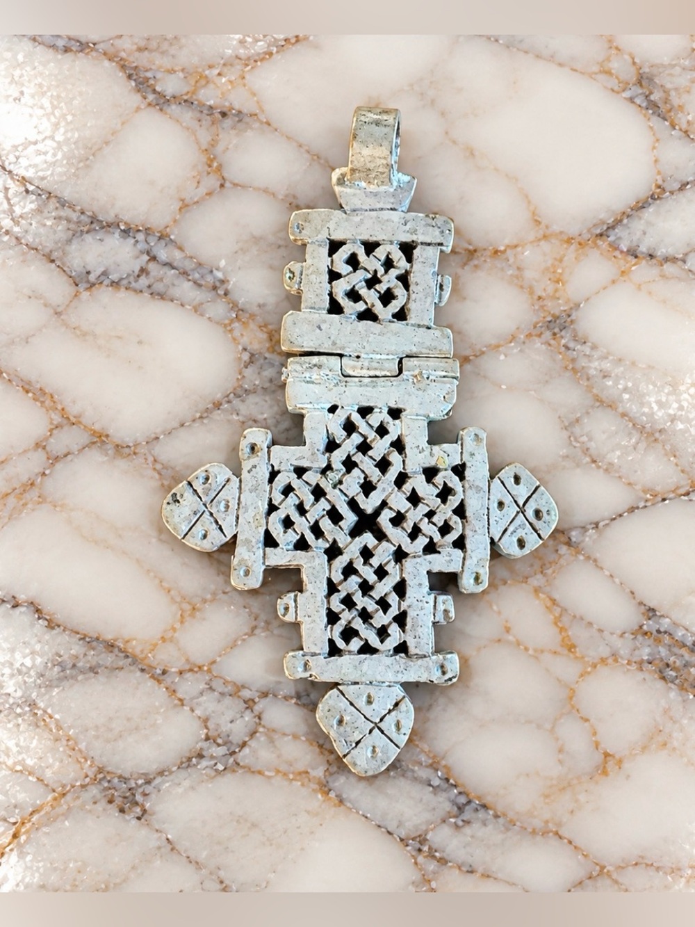 Ethiopian Coptic Cross Pendant Silver Tone Large Ornate